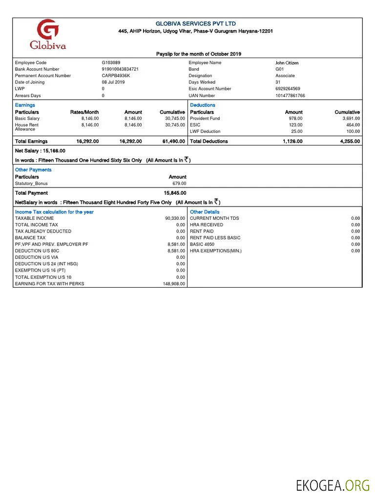Fiche de paie INDIA GLOBIVA Services PVT LTD aux formats Word et PDF